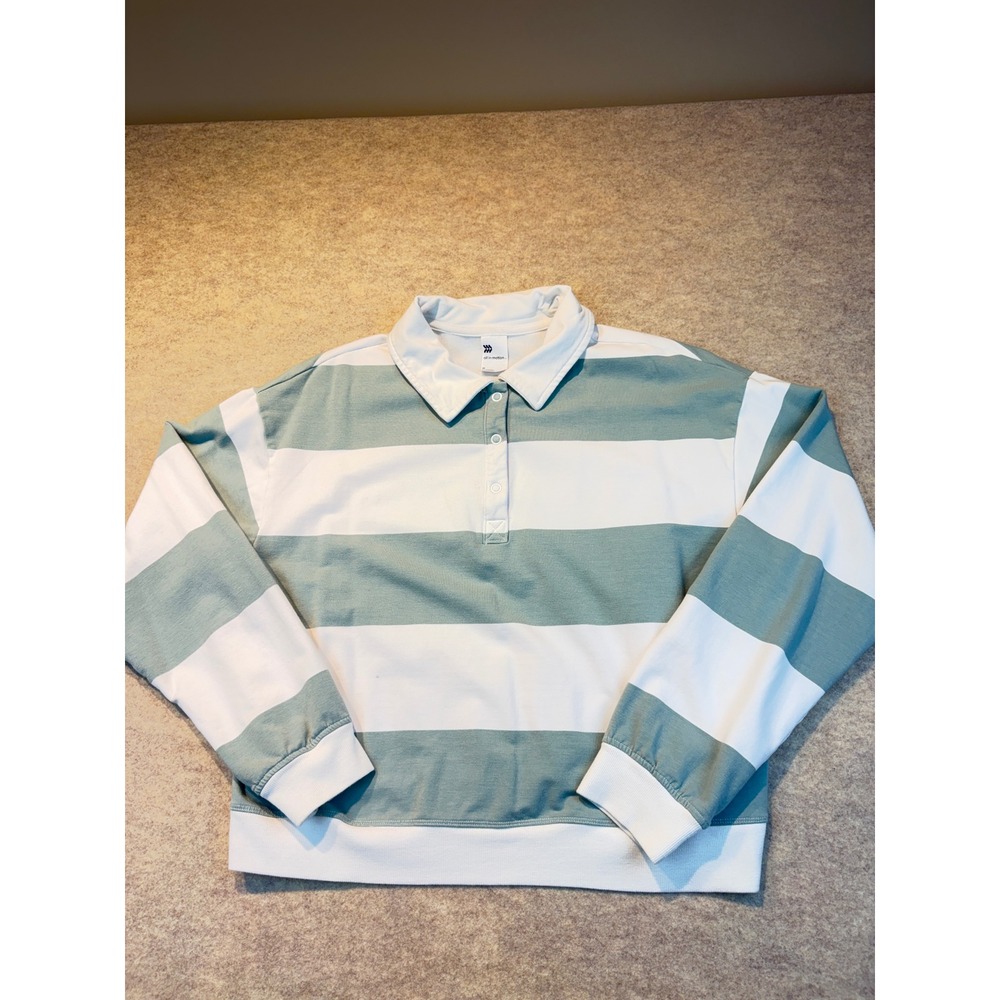 All in Motion Women Rugby Top Striped Polo Sage Green White Size M